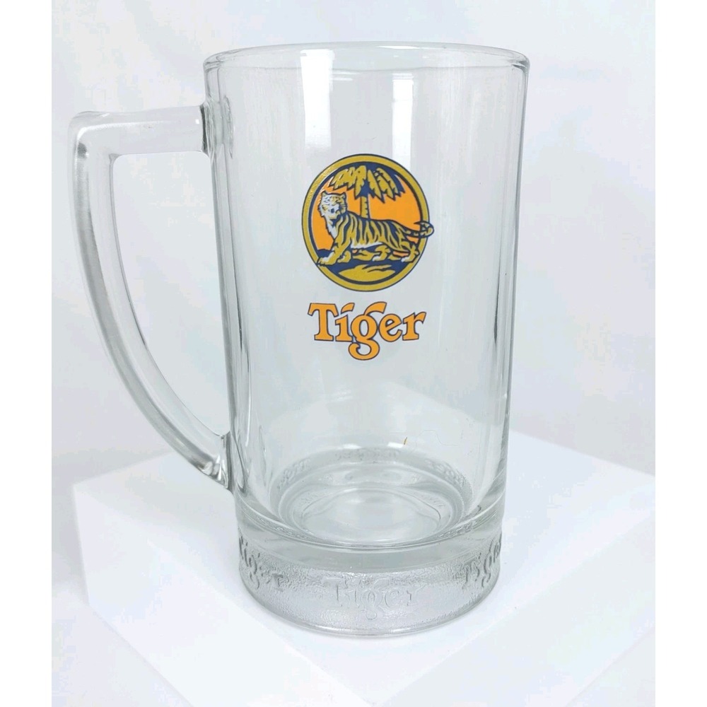 Tiger Singapore Beer‎ Mug Glass Embossed World Acclaimed 5.25" tall 12 oz